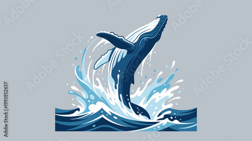 Dynamic and stylized illustration of a majestic whale breaching through powerful ocean waves, creating an energetic splash, perfect for marine life branding and nature-themed graphic designs
