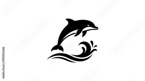 Elegant minimalist illustration of a powerful dolphin leaping gracefully above stylized ocean waves, capturing the essence of marine life and freedom in a sophisticated graphic design