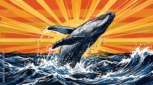 Vibrant vector illustration showcasing a magnificent whale in full breach above the deep blue ocean, against a dramatic backdrop of radiating sun rays, celebrating marine life