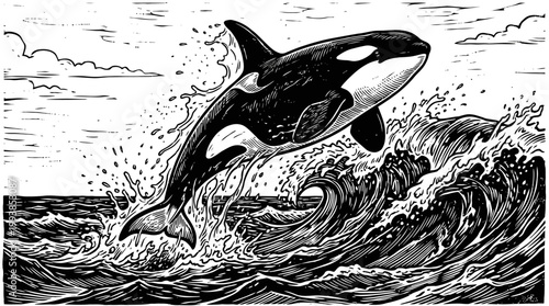 A striking black and white illustration capturing a powerful killer whale breaching majestically from the turbulent ocean waves, showcasing its dynamic energy and wild grace in a dramatic marine scene