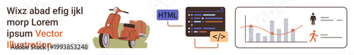 Transportation, programming, analytics, business, development, education. A scooter, coding interface with HTML and a graph display. Transportation and programming concept