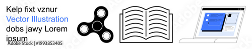 Education tools, digital literacy, productivity, technology, interactive learning, multitasking. ion of a fidget spinner, an open book and a laptop displaying software. Education tools and digital