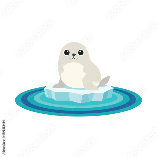 This vector illustration features a cute grey seal pup sitting on a small ice floe surrounded by concentric blue circles representing water ripples.