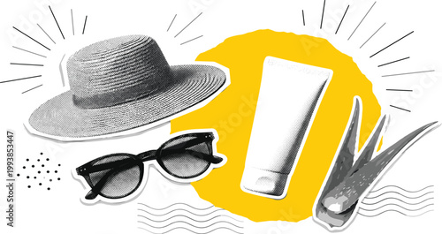 Summer essentials for sun protection and outdoor enjoyment, including a hat, sunglasses, and sunscreen lotion with aloe vera