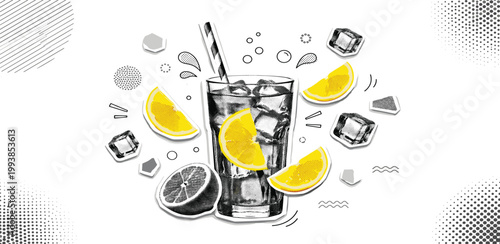 Refreshing Lemon Drink Illustration with Ice Cubes and Citrus Slices in Dynamic Monochrome Stylized Art