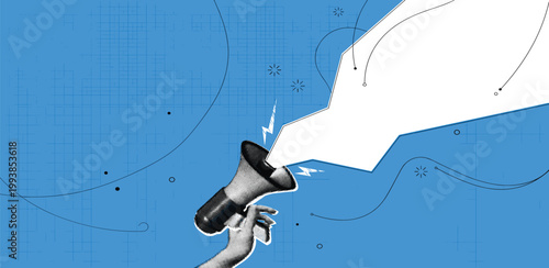 Announcement or promotion concept using a megaphone in a graphic style with abstract elements and a blue background