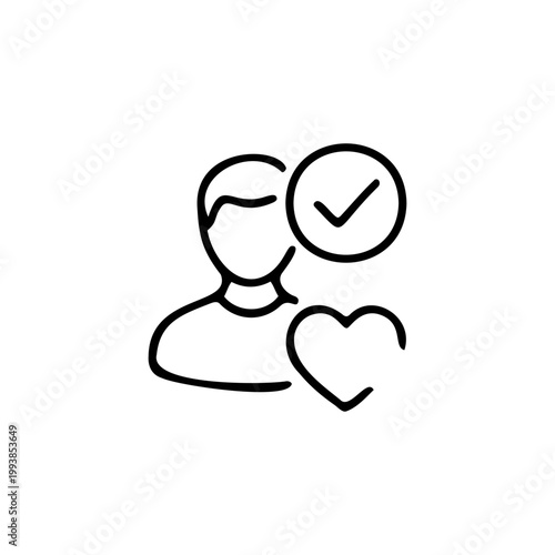 Customer support vector icon of a person with a checkmark and heart representing verified user profiles reliable service and social connection