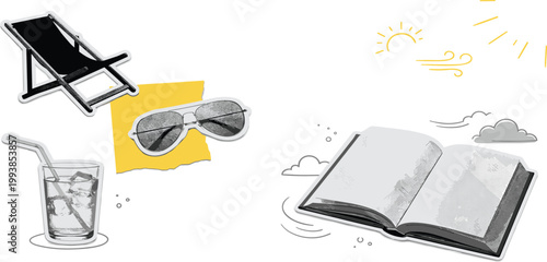 Relaxing summer vacation concept with a deck chair, sunglasses, a refreshing drink, and an open book under the sun