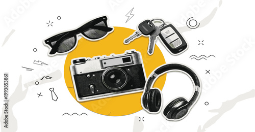 Collection of vintage camera, sunglasses, car keys, and headphones on a yellow circle with abstract background elements