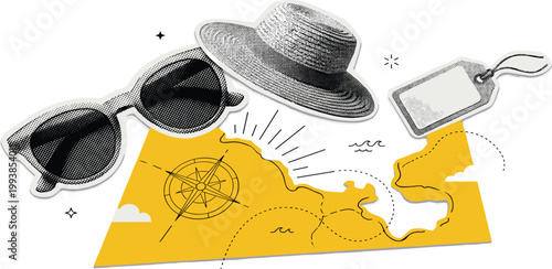 Summer vacation essentials laid out on a map of a coastal destination, including sunglasses, a straw hat, and a luggage tag