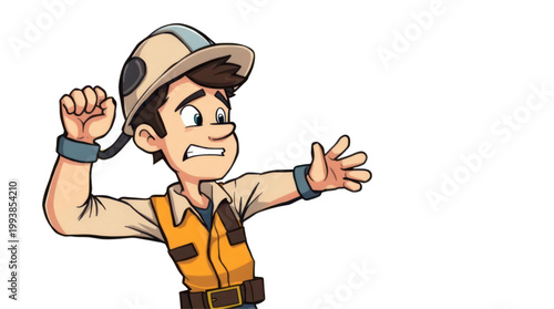 Young Adventurer Cartoon Character with Intense Expression Raising Arm and Signaling Stop
