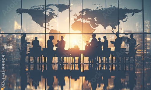 Professional silhouettes in global boardroom with sunset city view, world map