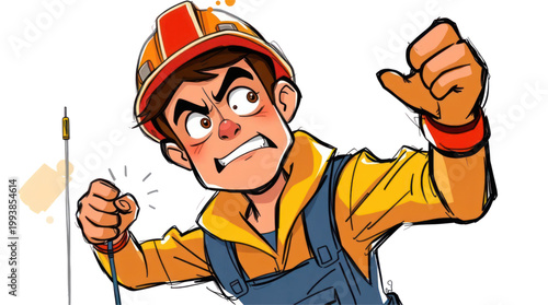 Worker Frustrated by Electrical Problem During Repair Cartoon Illustration