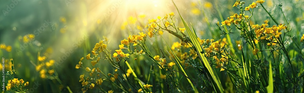 Fototapeta premium Morning sunbeams illuminate a lush field of small yellow wildflowers and green grass