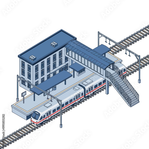 Isometric Train Station with Building and Overhead Walkway.