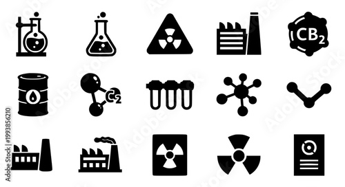 Science Industrial Solid Black Icons Collection Nuclear Oil Lab Vector Set