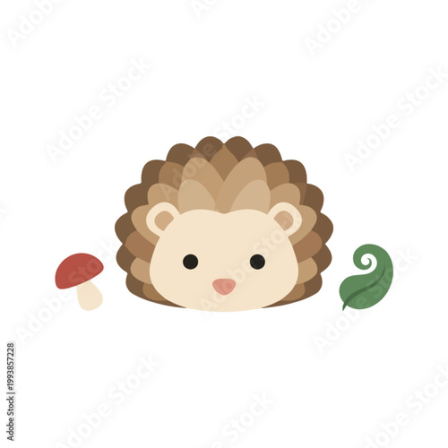 A cute vector illustration featuring a stylized hedgehog face accompanied by a tiny mushroom and a curled green leaf on a white background.