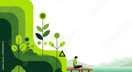 Digital nomad working on laptop at peaceful lake with green nature