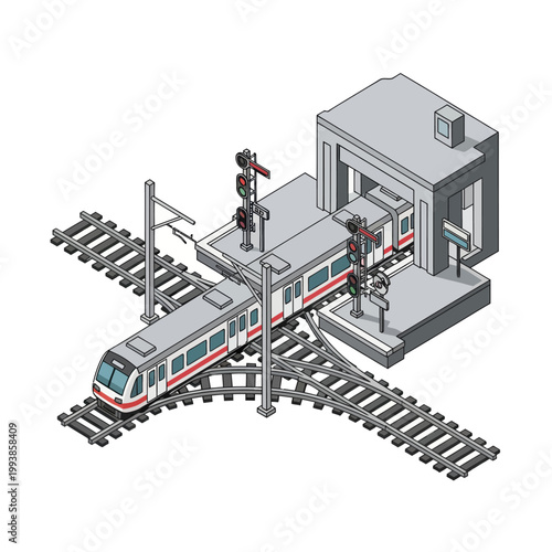 Isometric Train Station with Train on Tracks Illustration.
