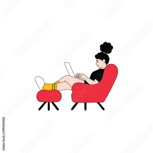 Young woman reclining in red armchair using laptop with feet on ottoman