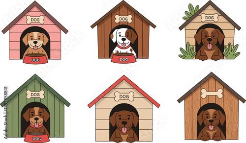 Vector Set of 6 Cute Dog Houses with Various Breeds, Pet Accessories, and Fun Dog Character Designs for Animal Lovers and Pet Shops