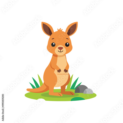 A charming vector illustration depicts a cute orange kangaroo standing on a small grassy patch with rocks against a plain white background.