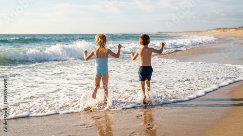 Two children play in the shallow water along the shoreline, enjoying a sunny day at the beach.