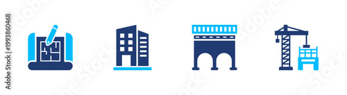 Civil engineering icon set. blueprint, building, bridge, construction, architecture. solid style icon collection.