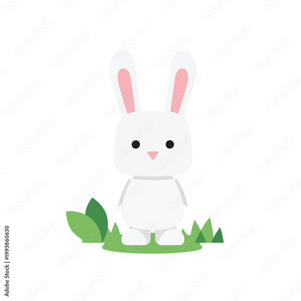 Fototapeta premium A simple and charming flat vector illustration of a white bunny standing upright on a small patch of green grass with a few leaves.