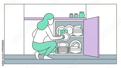 House cleaning and tidying concept, woman putting clean dishes into kitchen cabinet, flat line art illustration for cleaning service, manual, infographic and web design