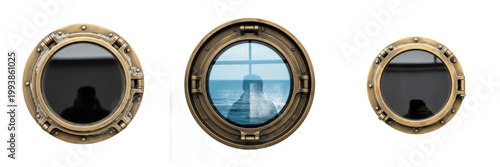 Photos Set of Ship Porthole Window with Sea View Isolated on White Background, PNG