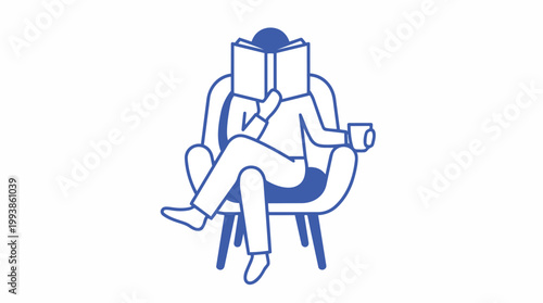 Minimalist blue outline vector of person sitting in armchair reading a book with a coffee cup, suitable for editorial content, lifestyle blogs and education.