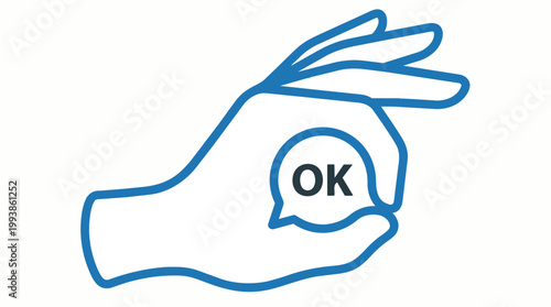 Vibrant blue line vector illustration of a hand showing an 'OK' gesture, featuring a speech bubble with 'OK' text, perfect for digital confirmation, positive communication and modern UI design.
