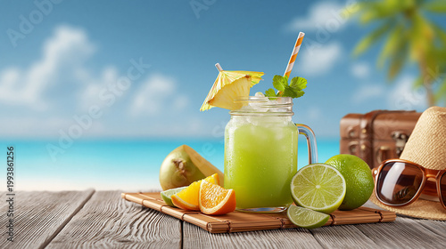 Green tropical drink with fruit and beach accessories