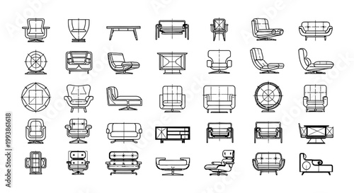 collection of architectural furniture symbols for interior design floor plans ideal as cad plan vector icons and outline art elements.
