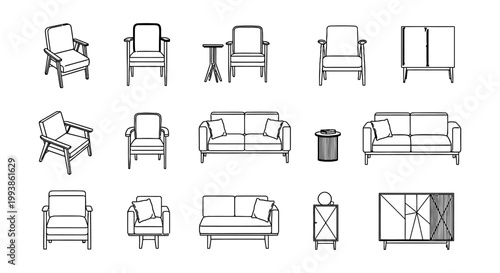 furniture icons interior design floor plans vector illustration of modern line art home furniture collection chairs sofas cabinets.