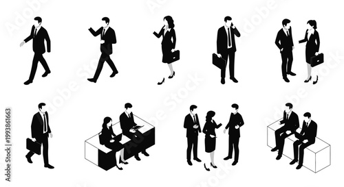 business people in suits walking and meeting in isometric perspective