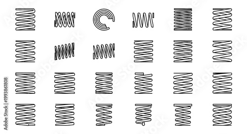 a diverse collection of spring coil icons and mechanical symbols in line art perfect for industrial design and engineering illustrations