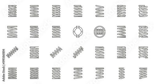 spring coil and metal spring icon set depicting various compression springs and mechanical engineering elements for industrial design concepts.