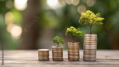 Money coin stack growing graph with tree bokeh background, investment concept.Business Finance and
 Save Money concept