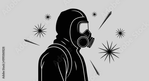 person in gas mask and hazmat suit for virus protection standing in a contaminated biohazard environment during a pandemic crisis