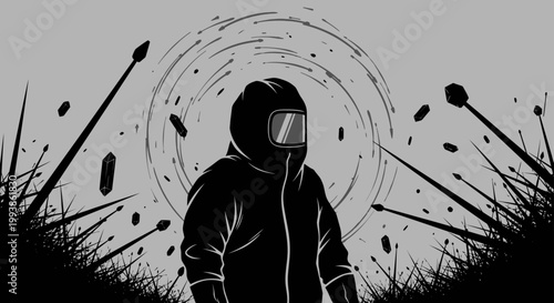 a figure in a protective suit stands amidst a swirling abstract energy field and flying sharp debris depicting survival in a dark sci-fi world