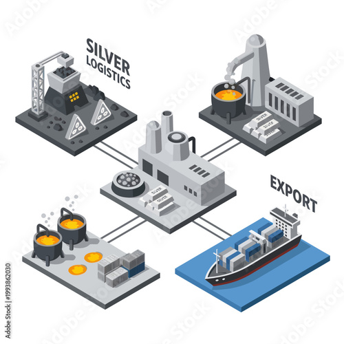 Silver Logistics and Export Process Isometric Illustration.