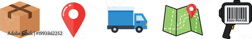 Logistics icons are shown here for shipping and delivery services worldwide.