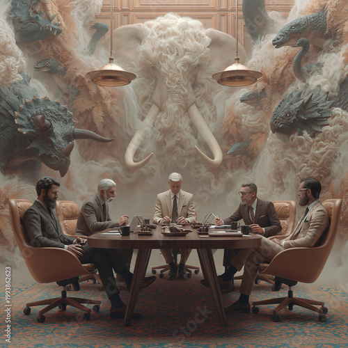 Surreal boardroom meeting with animal sculptures and seated businessmen