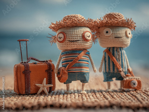 Handmade travel dolls with hats luggage and camera on beach
