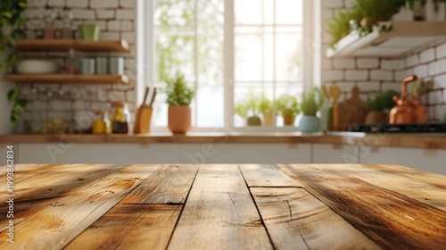 Wooden table on blurred kitchen bench background, Advertisement, Print media, Illustration, Banner, for website, copy space, for word, template, presentation