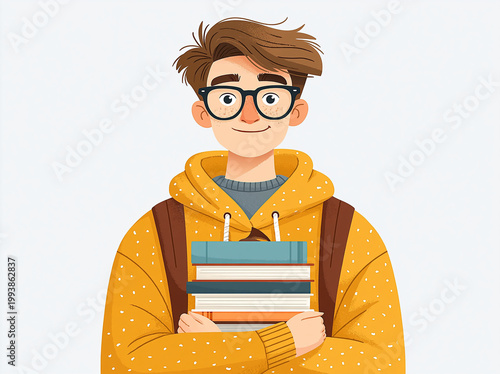 Illustrated boy with glasses holding stack of books