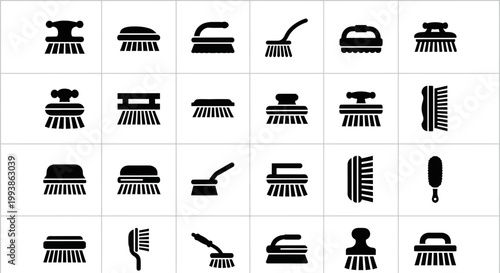 Black brush icons, cleaning tool set, 25 vector graphics, broom and brush symbols
