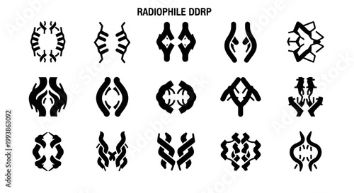Black abstract shapes, geometric icons, Radiophile Corp, 16 symbol set